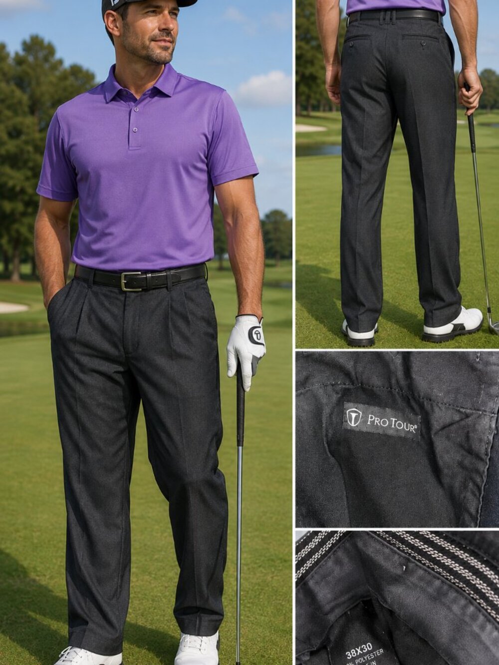 Pro Tour Men’s Golf Pants 38x30 Charcoal Gray Pleated Performance Dress Pants